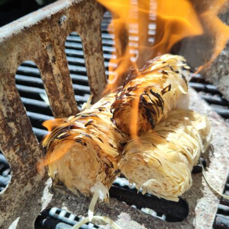 Brennende Grillanzünder aus Holzwolle.