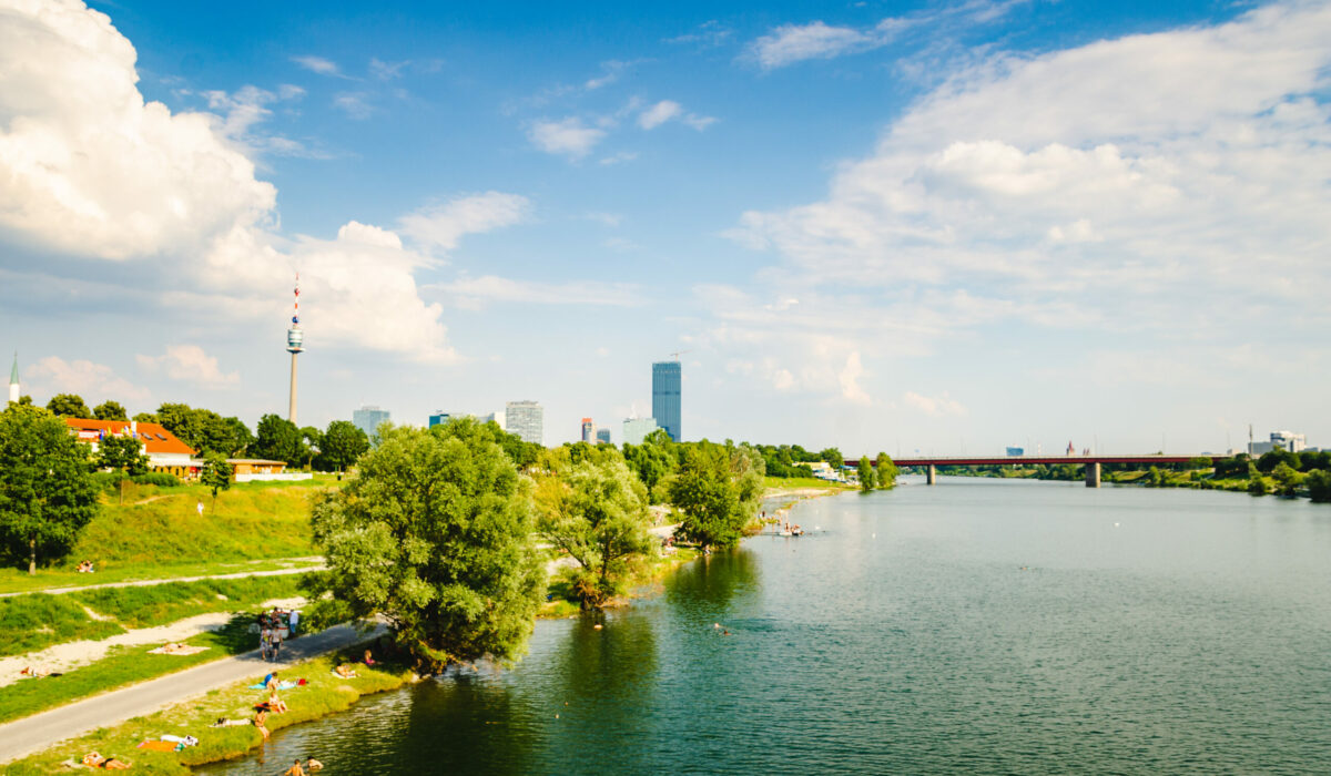 Blick auf die Donauinsel mit Donau und Bäumen und Donauturm im Hintergrund